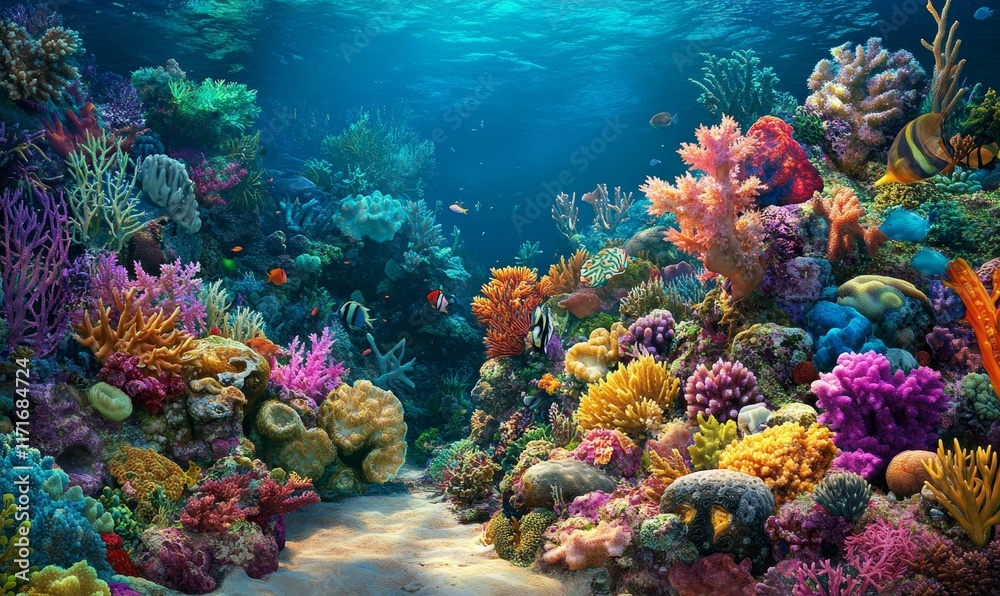 Fototapeta premium Vibrant coral reef, colorful fish, underwater scene.