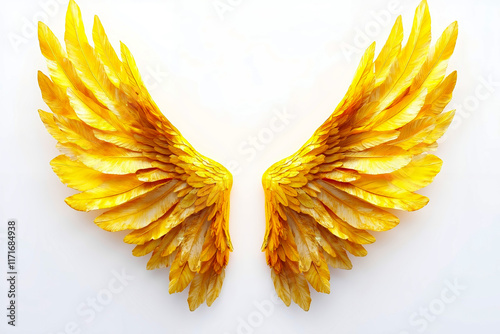 A pair of gold angel wings on a white background photo