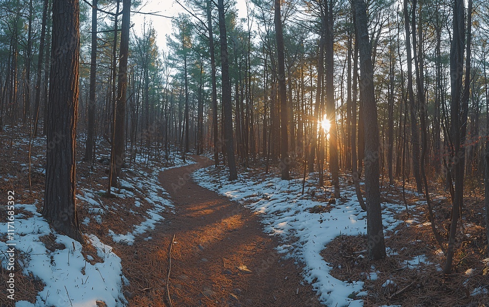 Naklejka premium Sunset path through snowy pine forest.