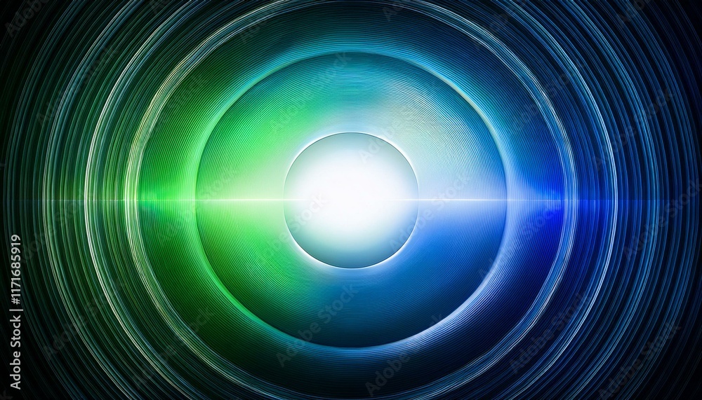 Abstract concentric circles in vibrant green and blue hues, emitting a radiant glow. Abstract concentric circles in vibrant green and blue hues, emitting a radiant glow.