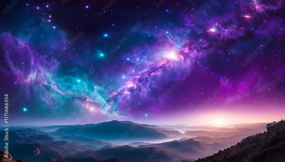 Vibrant nebula over a serene mountain range. Cosmic beauty. Vibrant nebula over a serene mountain range. Cosmic beauty.