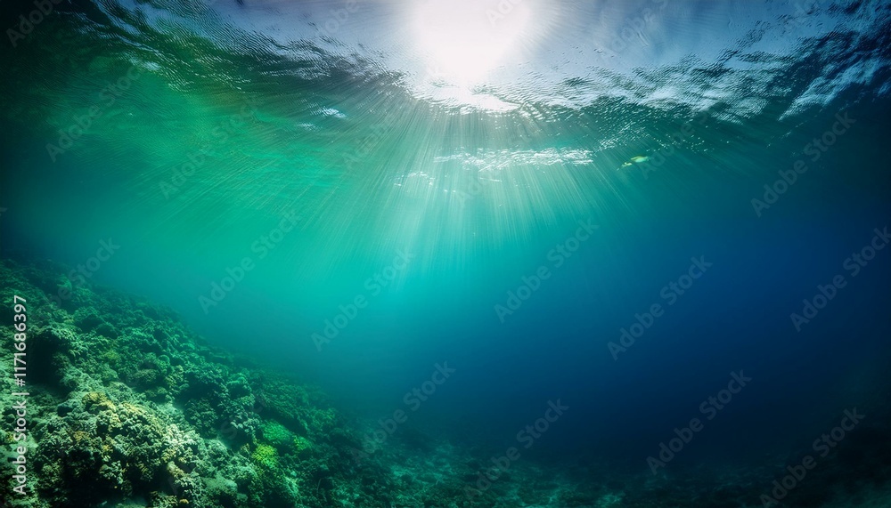 Fototapeta premium Sunbeams pierce the ocean, illuminating a vibrant coral reef below.