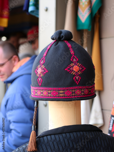 Kalpak, traditional Kyrgyz felt hat at the bazaar photo