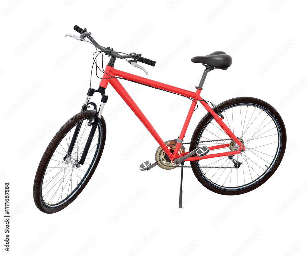 Red bicycle standing while leaning on kickstand, side view. Bike resting on kick stand. Png clipart isolated on transparent background Red bicycle standing while leaning on kickstand, side view. Bike resting on kick stand. Png clipart isolated on transparent background