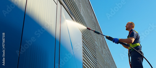 Cleaner worker is actively using a pressure washer to clean the facade of a modern commercial building, ensuring it looks pristine	