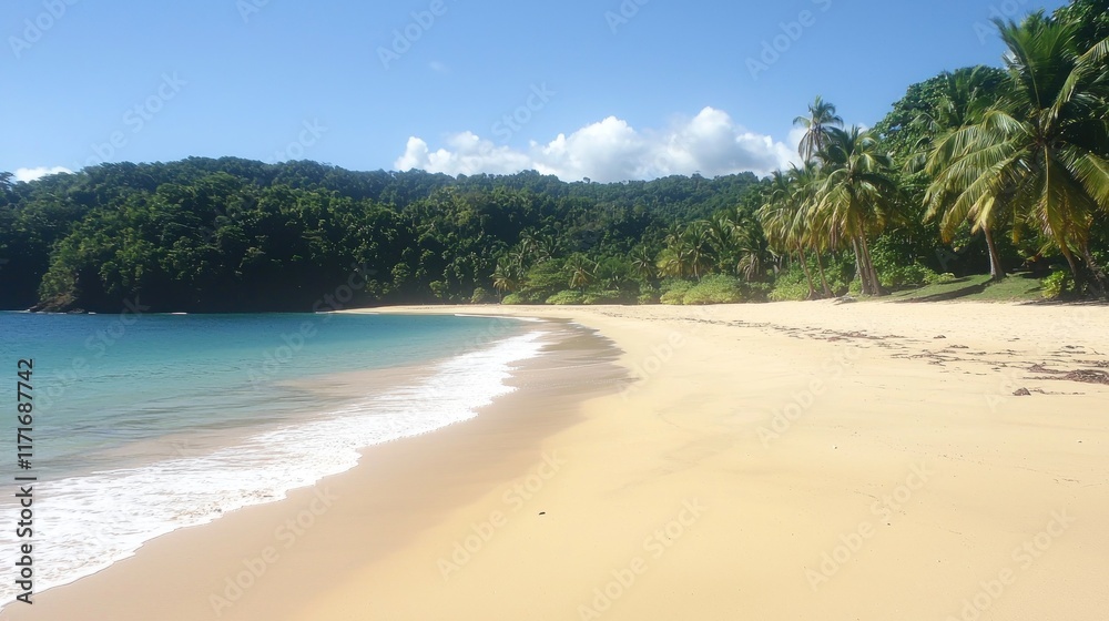 Serene beach with golden sand and lush greenery in the background. Serene beach with golden sand and lush greenery in the background.