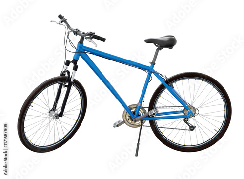 Blue bicycle standing while leaning on kickstand, side view. Bike resting on kick stand. Png clipart isolated on transparent background photo