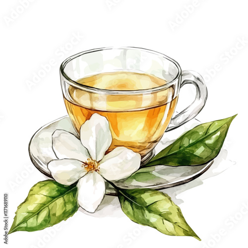 A watercolor vector painting of a White Tea cup, isolated on a white background. White Tea vector.

