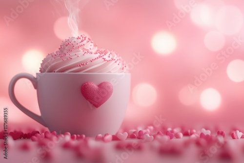 Pink whipped cream drink with heart decoration photo