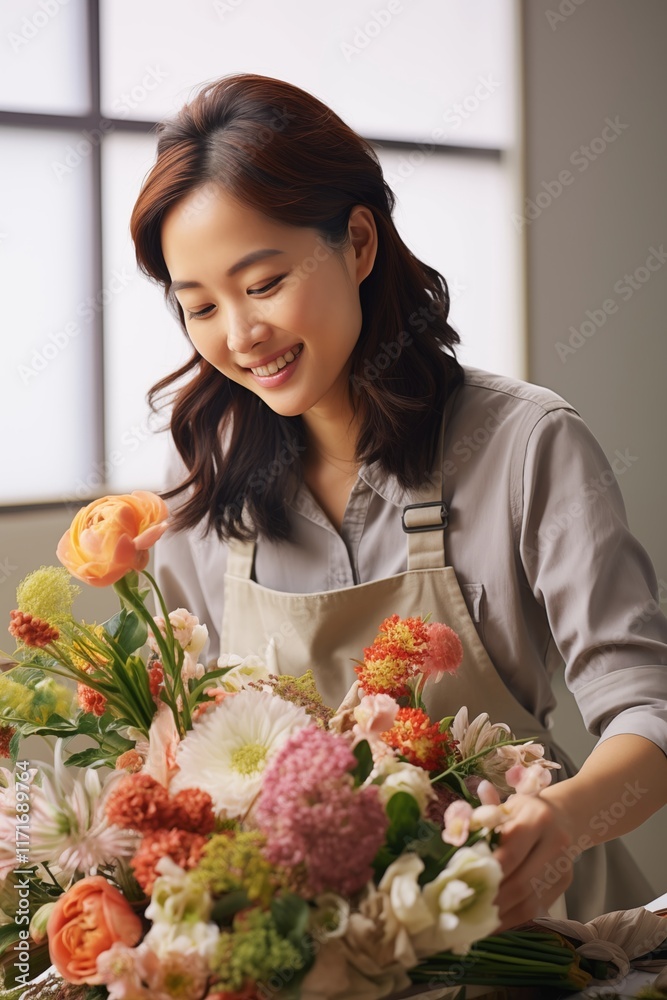 A joyful florist arranging a vibrant bouquet of fresh flowers with care and creativity in a bright studio. A joyful florist arranging a vibrant bouquet of fresh flowers with care and creativity in a bright studio.