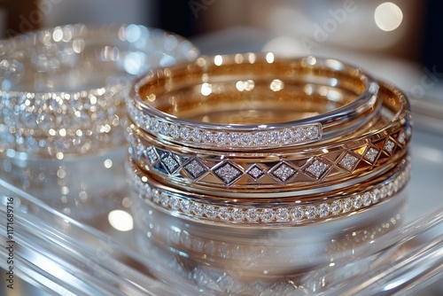 Gold and diamond-studded bracelets in artistic display