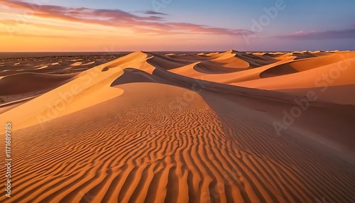 Fototapeta Naklejka Na Ścianę i Meble -  Rolling sand dunes under a vibrant sunset background.