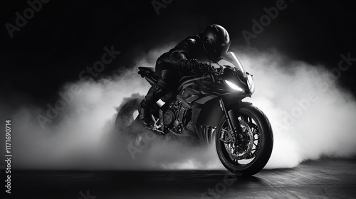 A black and white photo of the silhouette of a sportbike doing a burnout with smoke, the background is dark and blurry, creating a dramatic effect. 