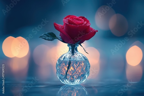 Single red rose in crystal vase with bokeh lights photo