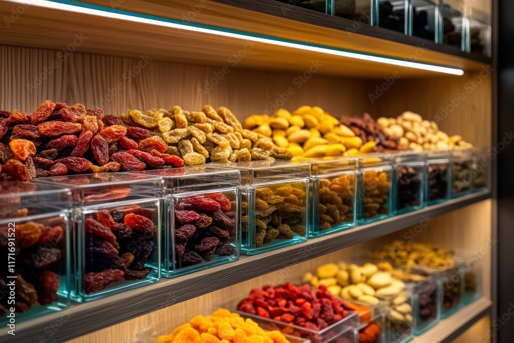 Fototapeta premium A chic product display of organic dried fruits, neatly arranged in clear glass containers on polished wooden shelves, with soft lighting enhancing their vibrant colors.
