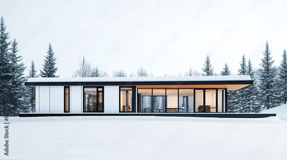 A minimalist, modern house in the snow, with large windows and sliding doors on two sides of an open deck that extends across all three walls. A minimalist, modern house in the snow, with large windows and sliding doors on two sides of an open deck that extends across all three walls.