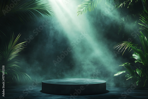 3d podium background product green nature forest green plant, pedestal stone smokey display product cosmetic podium mockup, dynamic mysterious forest studio backdrops photo