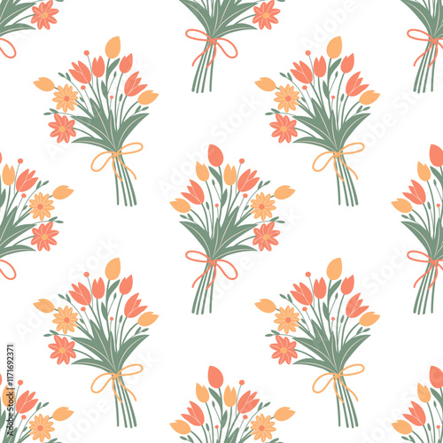 Seamless pattern with bouquets of spring flowers. Cute background, print