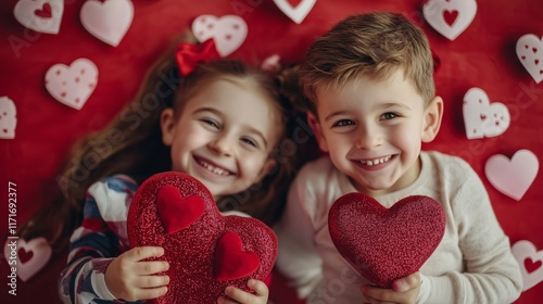 Children sharing a joyful moment with Valentine gifts, heart-themed plain backdrop