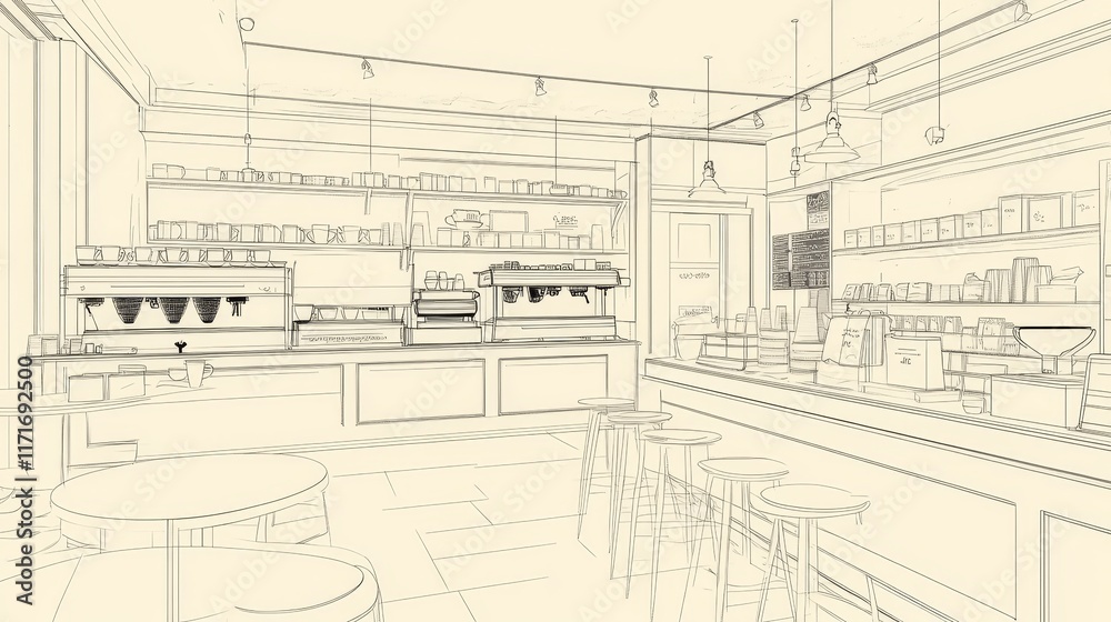 Fototapeta premium A line drawing of a cozy café interior with seating and a coffee bar.