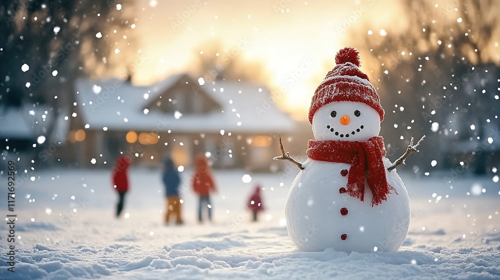 Fototapeta premium A snowman wearing winter stands in the middle of an open space, with children playing on the snowy ground and houses in the background.