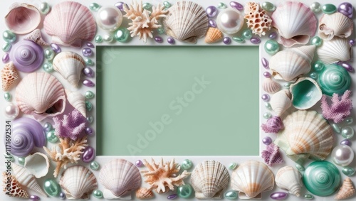 Decorative shell frame displaying beach memories coastal setting photo template aesthetic view photo