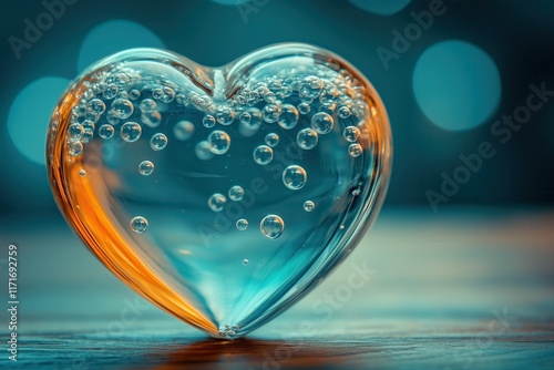 Glass Heart with Bubbles in Blue and Orange Glow photo