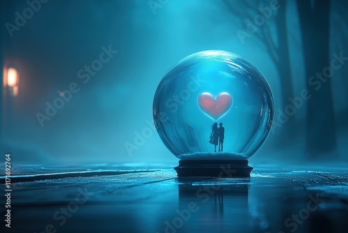 Heart Snow Globe with Couple in Mystical Light photo