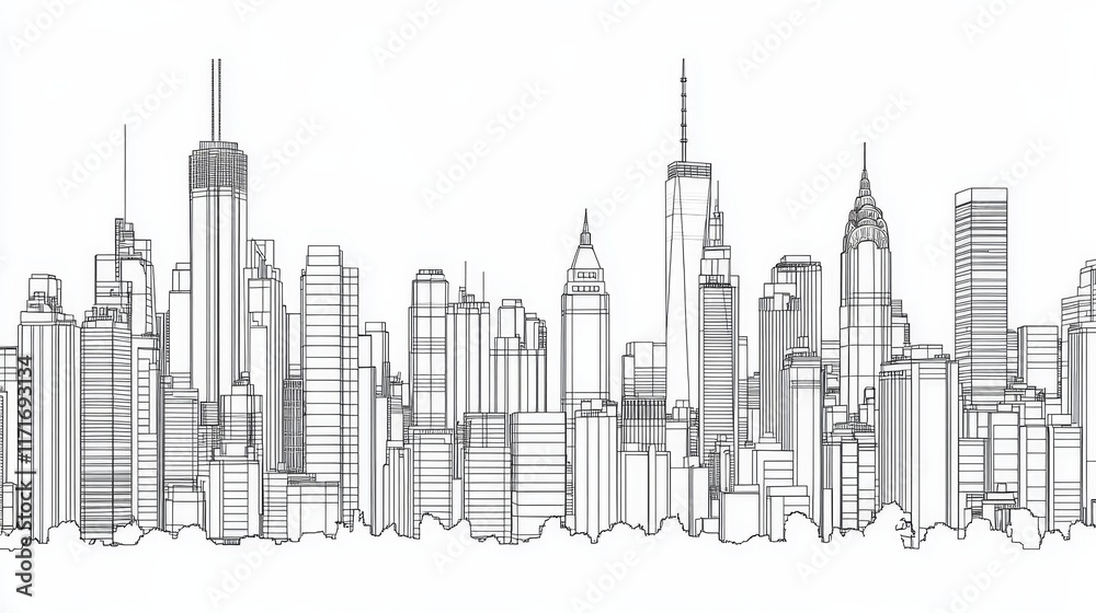 Fototapeta premium Outline illustration of a city skyline featuring various tall buildings and structures.