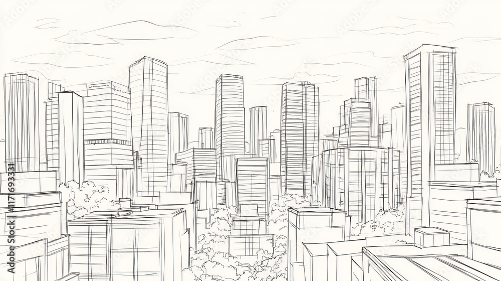 A sketched city skyline with tall buildings and trees in the foreground. A sketched city skyline with tall buildings and trees in the foreground.