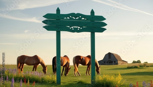 Horses grazing under blue sky directional sign farm landscape serene nature scene