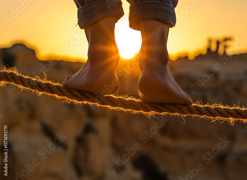 Balancing barefoot on a tightrope against a sunset backdrop photo