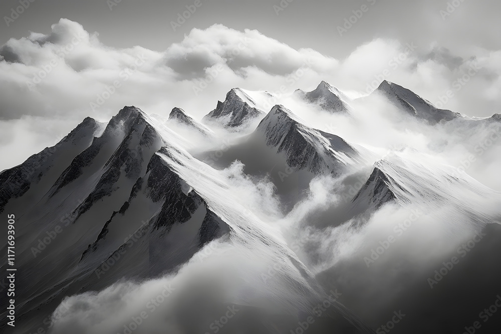 Obraz premium Dramatic black and white image of snow-covered mountain peaks with clouds swirling around them.
