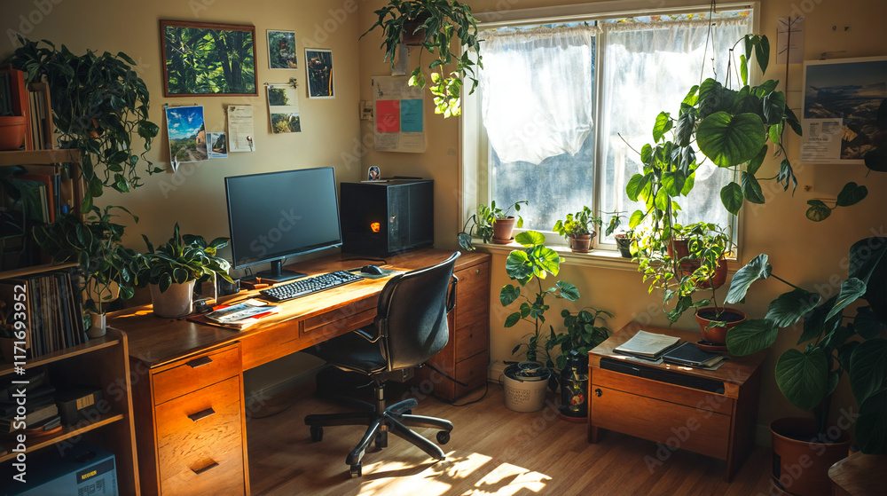 The image shows a cozy home office with a wooden desk, a computer monitor, and a comfortable chair