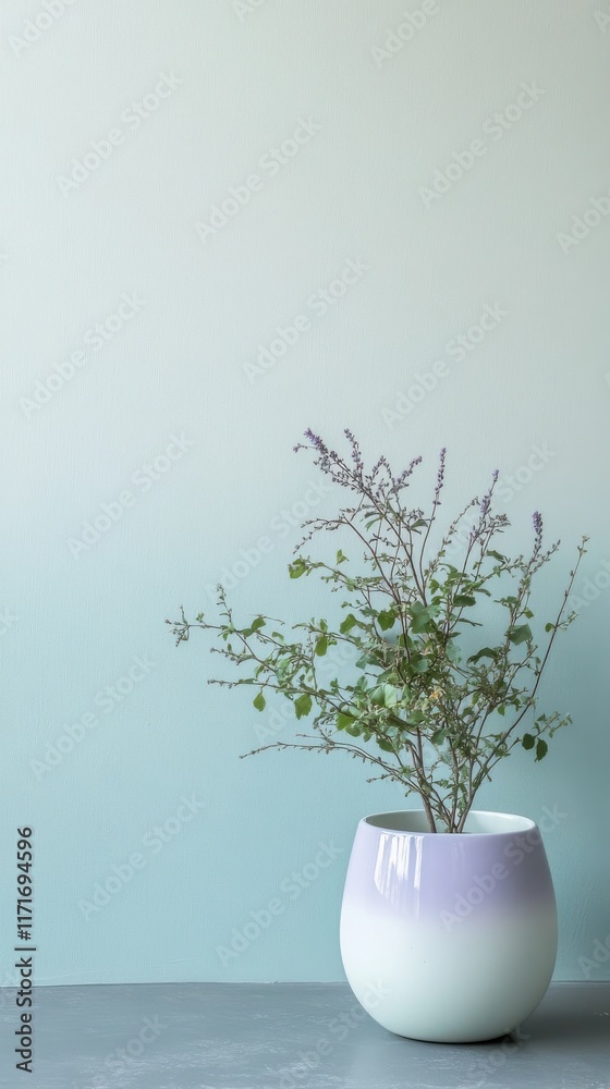 Decorative plant in a modern pot against a minimalist wall background showcasing a soothing color gradient