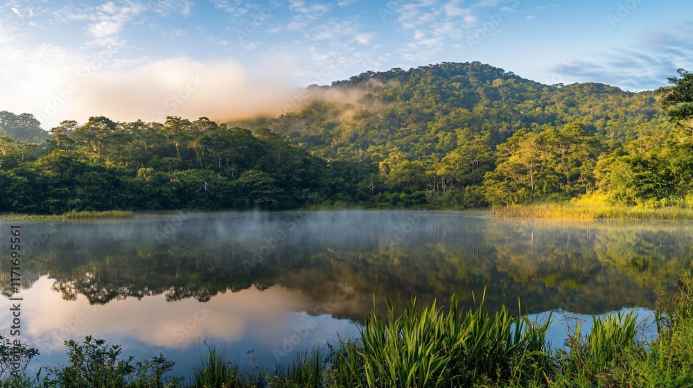 Serene sunrise over a misty lake reflecting lush green rainforest hills. Serene sunrise over a misty lake reflecting lush green rainforest hills.
