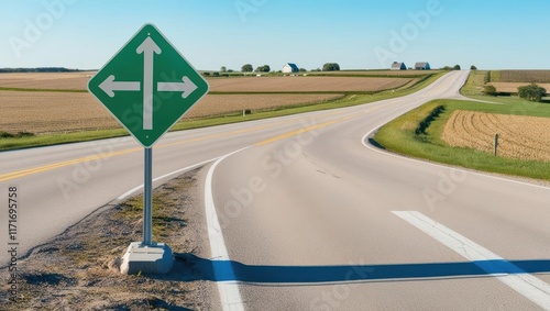 Navigating choices at a crossroads rural road highway sign open fields sunny day decision making