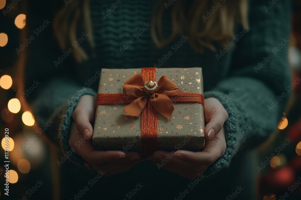 The person open festive present box in her hands Generative AI The person open festive present box in her hands Generative AI