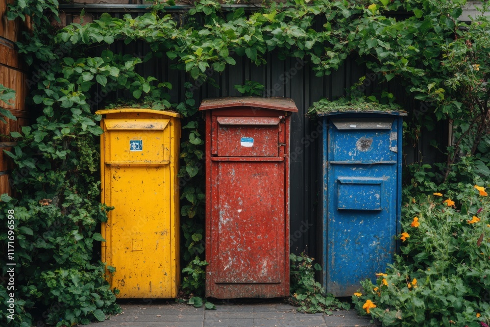 Brightly colored mailboxes stand in a row, entwined with lush green plants and flowers in an urban area under clear skies. Generative AI Brightly colored mailboxes stand in a row, entwined with lush green plants and flowers in an urban area under clear skies. Generative AI