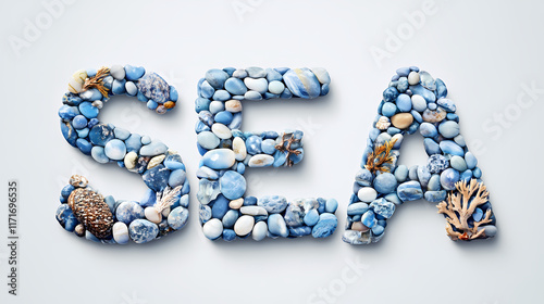 Sea pebbles lettering typeface. ai generated illustration. Seastone. Illustration photo