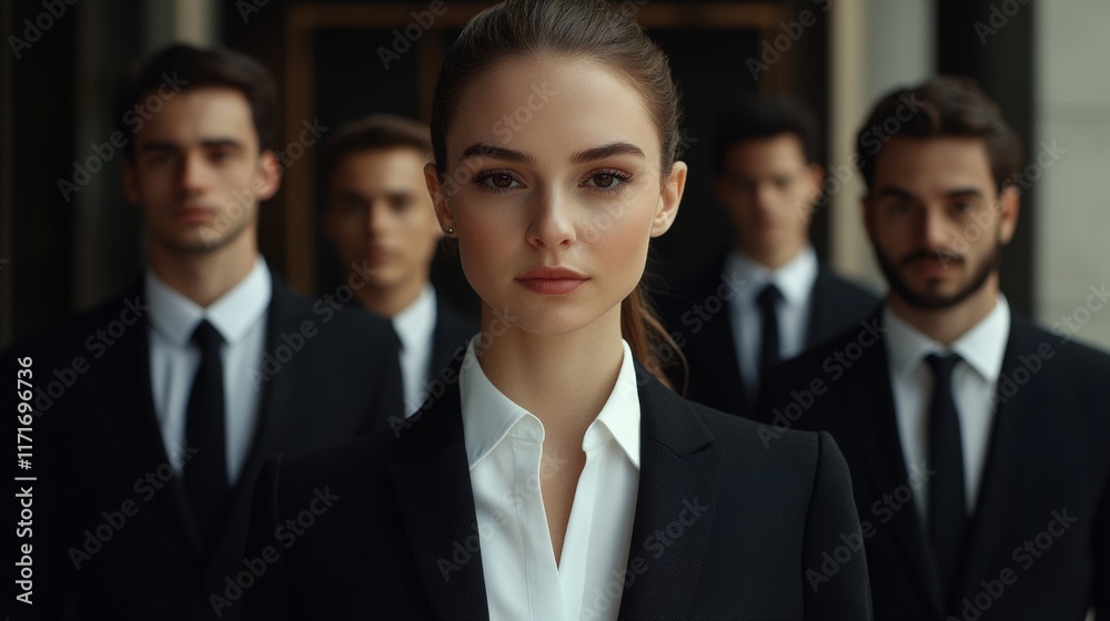 Business Woman Leading a Business Team Looking at Camera - Hyper Realistic, Use for Corporate Meetings or Leadership Business Woman Leading a Business Team Looking at Camera - Hyper Realistic, Use for Corporate Meetings or Leadership