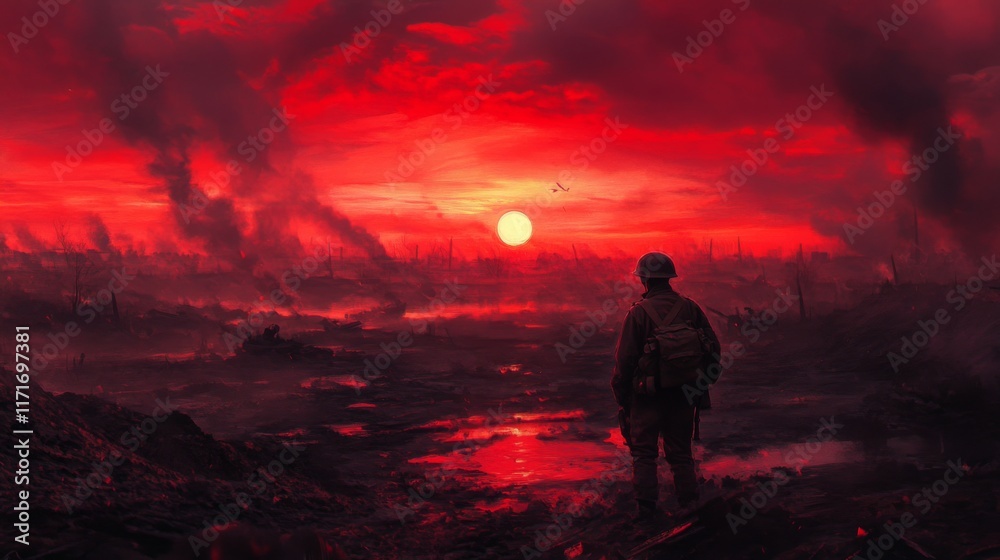 Fototapeta premium Lone soldier contemplates a post-apocalyptic, crimson sunset over a ravaged landscape.