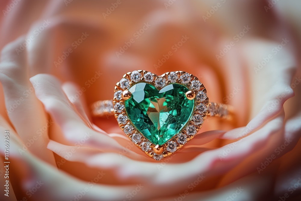 Emerald heart ring surrounded by diamonds on a rose Emerald heart ring surrounded by diamonds on a rose