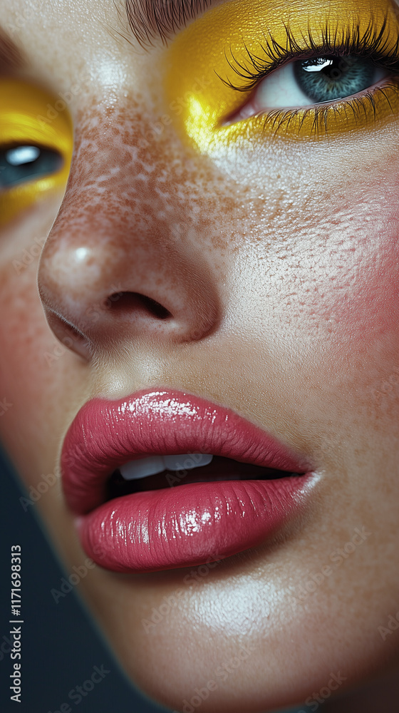 Naklejka premium Beauty portrait of woman with yellow eye makeup and pink lipstick, editorial style