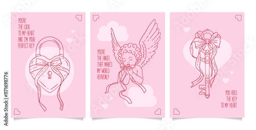 Love covers set. Happy Valentines Day cards with Coquettish girly doodle hand drawn romantic elements with bows and ribbons knot. Invitation abstract design in line art style. Vector illustration.