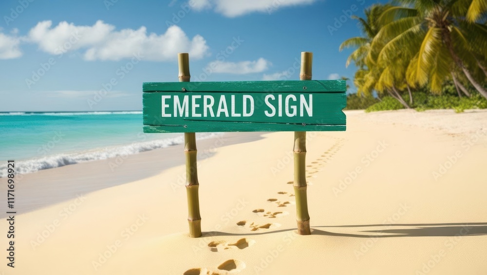 Fototapeta premium Emerald sign on tropical beach coastal landscape travel destination nature environment