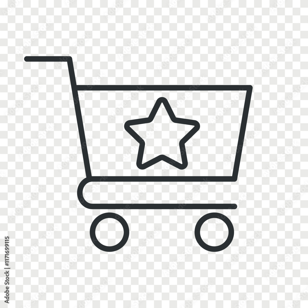 shopping cart with star. Bonus, offer, reward. Vector linear icon shopping cart with star. Bonus, offer, reward. Vector linear icon