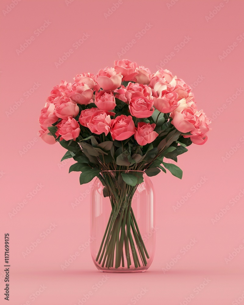 Obraz premium Valentine's Day Elegant Bouquet of Pink Roses in Glass Vase on Pink Background Romantic Floral Arrangement