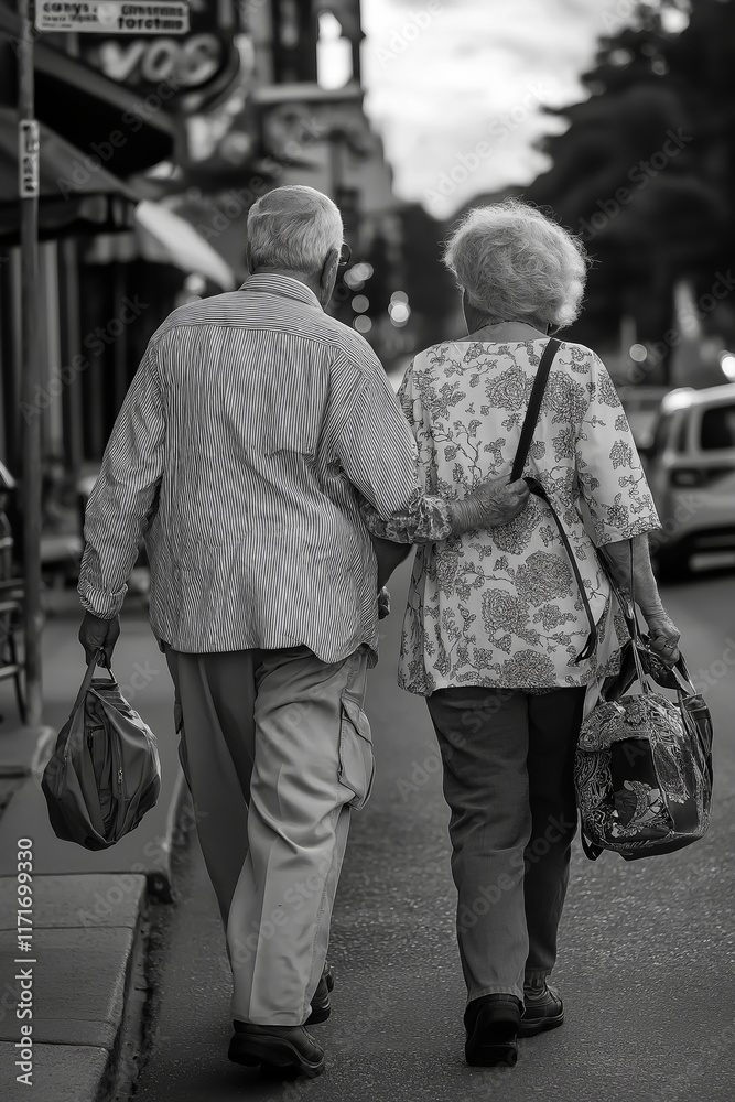 An elderly couple walks hand in hand, symbolizing enduring love and companionship in a bustling city. An elderly couple walks hand in hand, symbolizing enduring love and companionship in a bustling city.