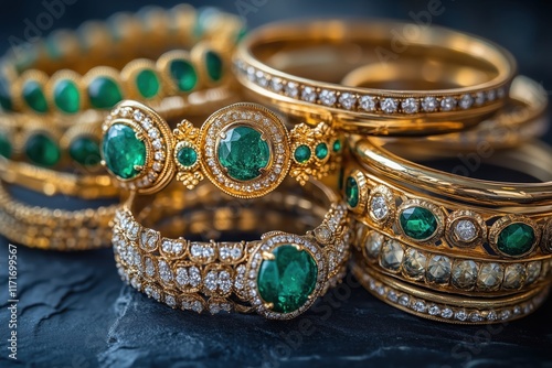 Gold and emerald bangles with intricate craftsmanship